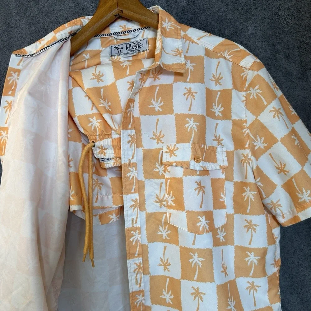 Free Planet Mens Large Hawaiian Lined Swim Trunks & Shirt Orange & White